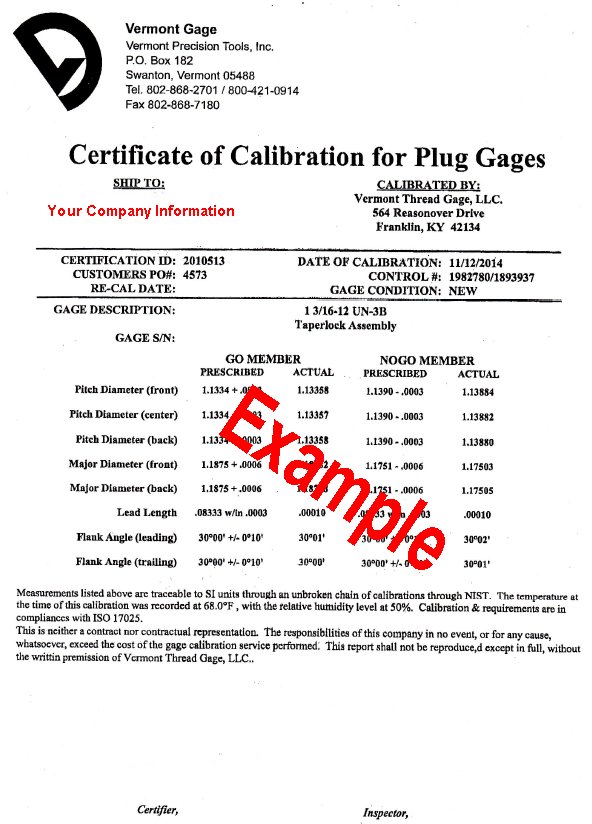 Long Form Thread Gage Certification Example - Click to zoom in